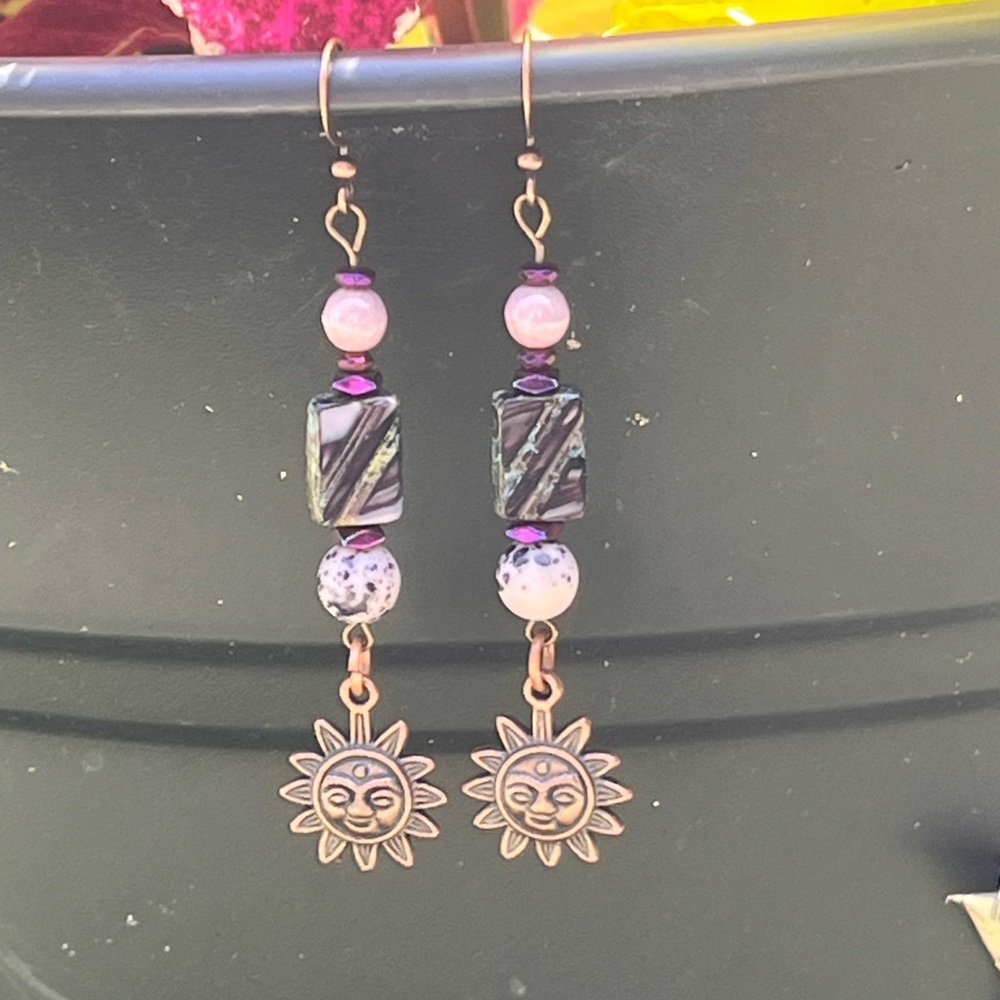 Handcrafted Sun Charm Dangle Earrings in Purple and Copper - Picture 9 of 13